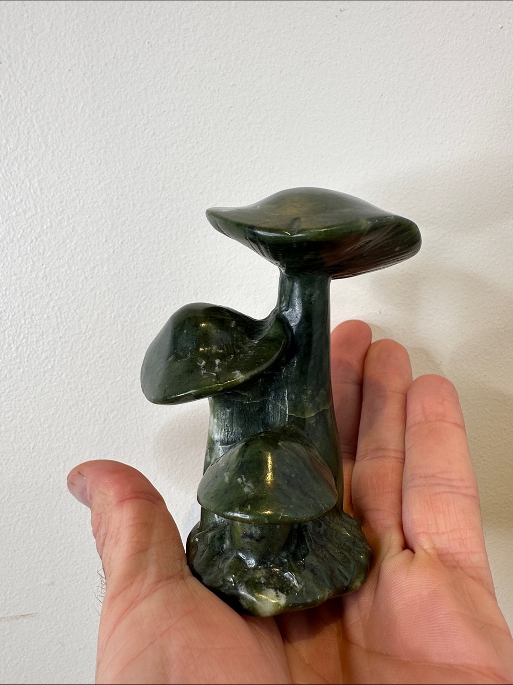 Hand-Carved Dark Green Jade Mushroom Sculpture - Home Art Accent